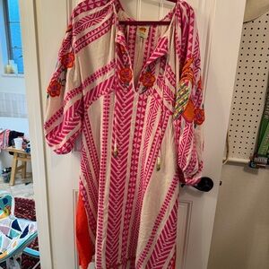 Farm Rio Jacquard Embroidered Tassle-Tie Maxi Pink and Cream Embroidered Dress